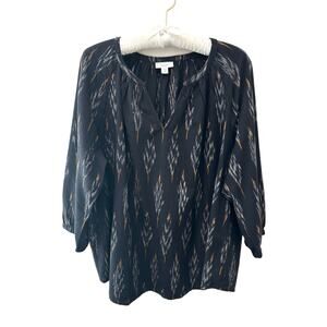 J.JILL | Pure Jill Petite Black Ikat Print Peasant Blouse Cotton Blend | XL
